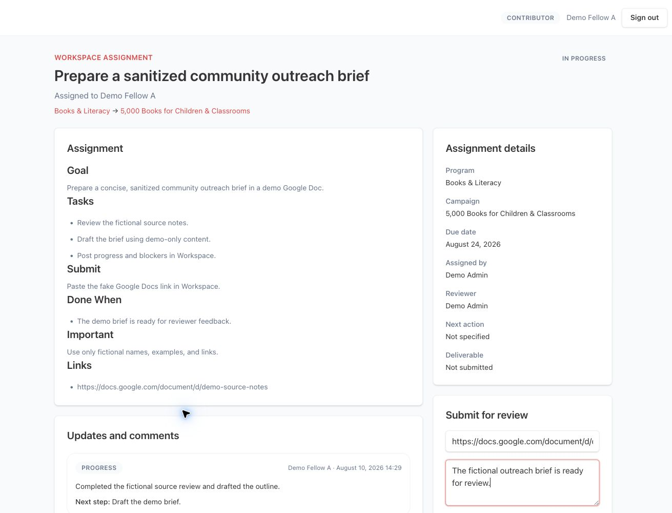 A Fellow submits a Google Drive-style deliverable URL for review